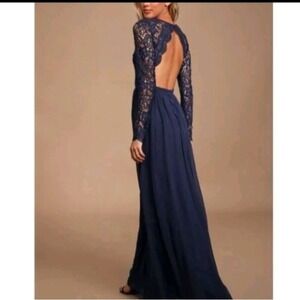 Lulus Brand Awaken My Love Navy Blue Long Sleeve Maxi Dress Open Back Size Large